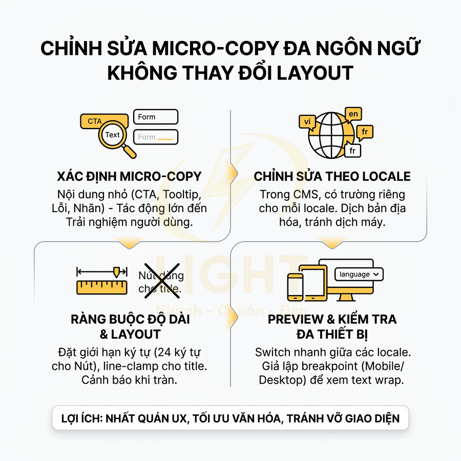 Hướng dẫn chỉnh sửa micro copy đa ngôn ngữ trong CMS, ràng buộc độ dài và kiểm tra hiển thị trên nhiều thiết bị