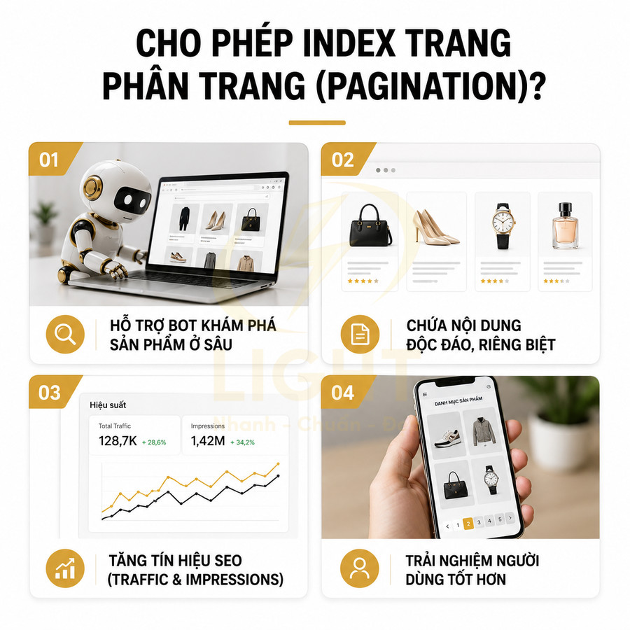 Minh họa lợi ích index trang phân trang cho website bán hàng với robot, laptop, biểu đồ SEO và giao diện sản phẩm trên điện thoại
