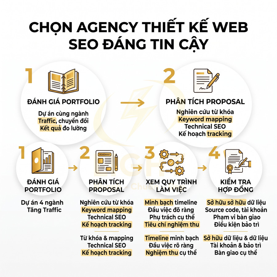 Hướng dẫn chọn agency thiết kế web SEO uy tín với 4 bước đánh giá portfolio, proposal, quy trình làm việc và hợp đồng