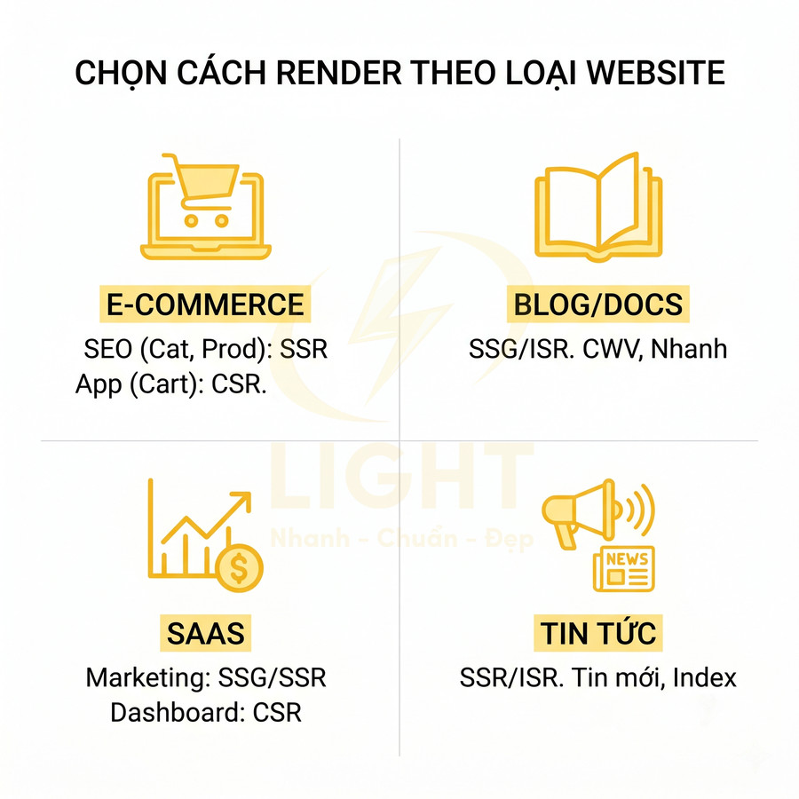 Sơ đồ chọn cách render website cho e-commerce, blog docs, SaaS và tin tức với gợi ý SSR SSG CSR