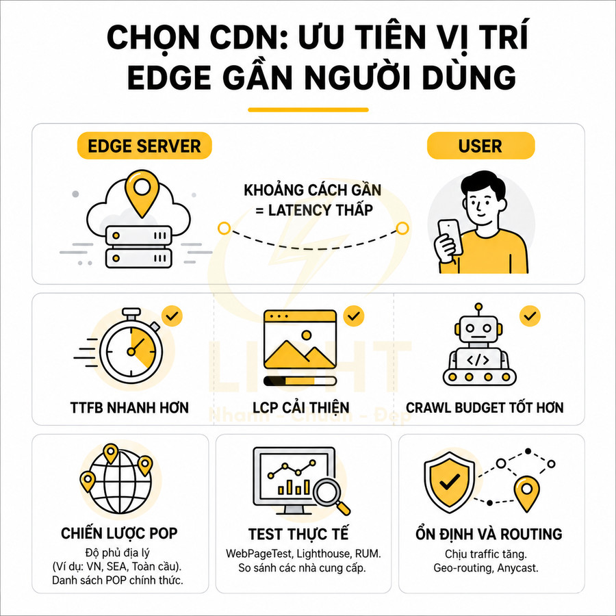 Infographic hướng dẫn chọn CDN với edge server gần người dùng để giảm latency và cải thiện hiệu suất website