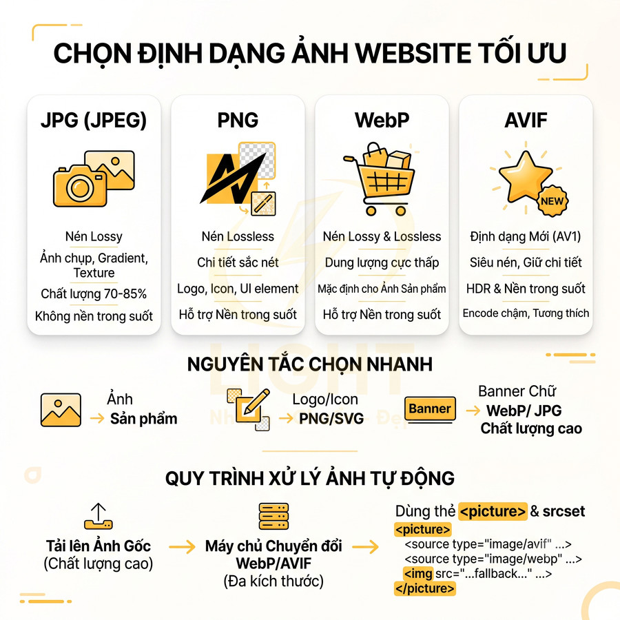 Hướng dẫn chọn định dạng ảnh JPG PNG WebP AVIF và quy trình tối ưu hình ảnh cho website