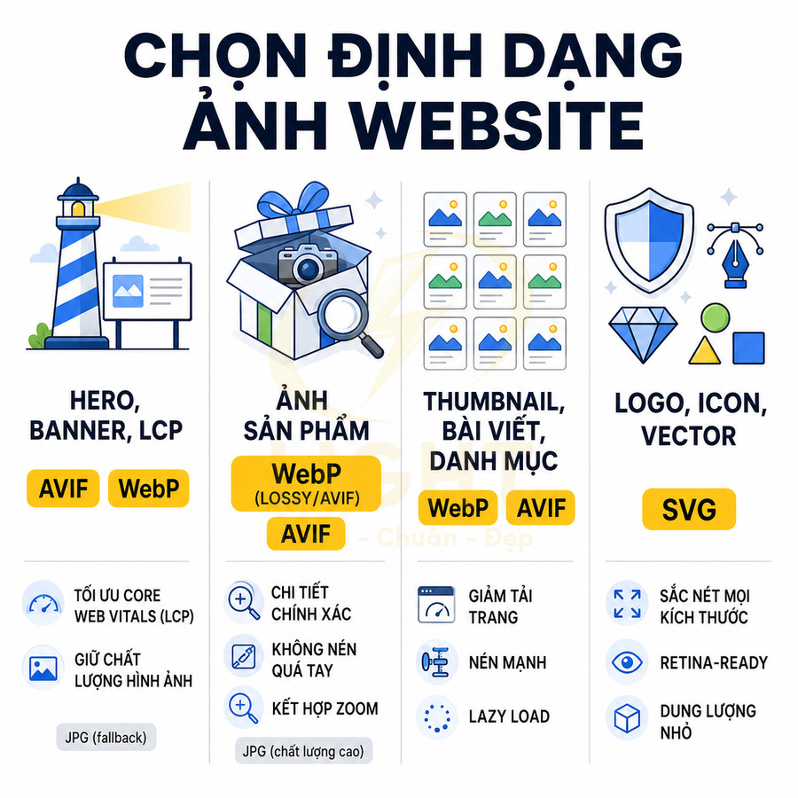 Hướng dẫn chọn định dạng ảnh website cho hero banner, ảnh sản phẩm, thumbnail bài viết và logo icon vector