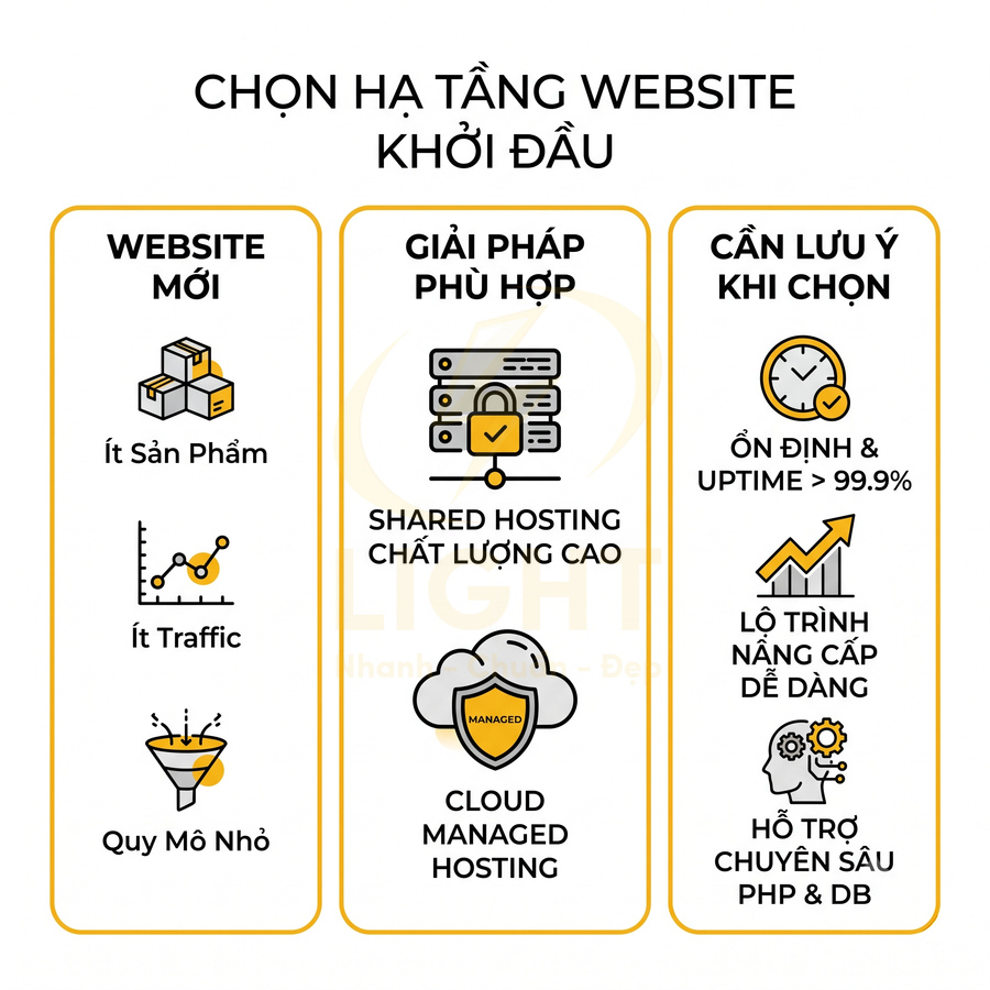 Infographic chọn hạ tầng website khởi đầu với shared hosting, cloud managed hosting và các tiêu chí ổn định, dễ nâng cấp
