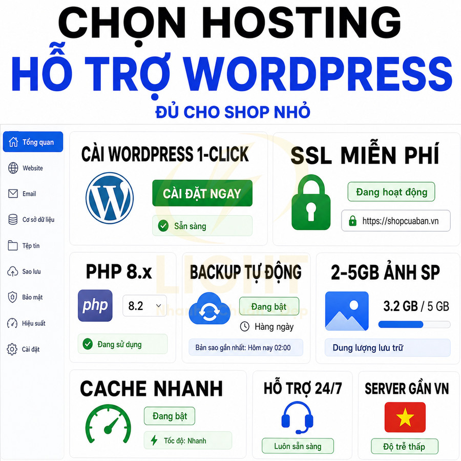 Giao diện bảng điều khiển hosting hỗ trợ WordPress cho shop nhỏ với cài đặt 1 click, SSL miễn phí và backup tự động