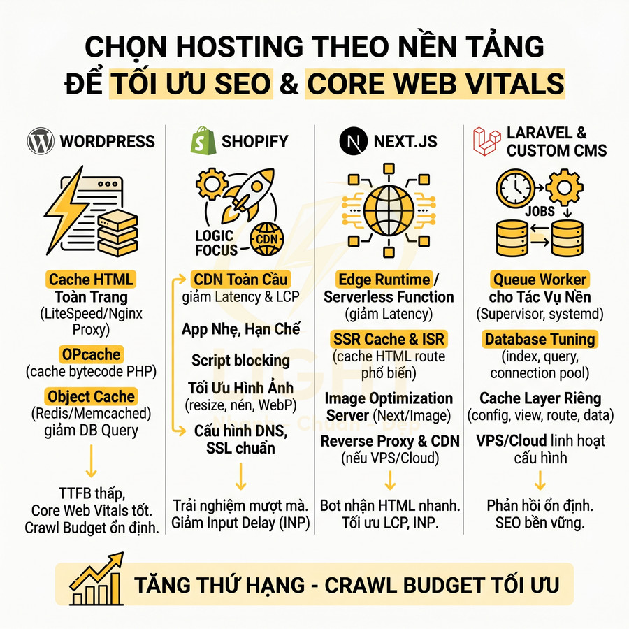 Infographic so sánh cấu hình hosting tối ưu SEO và Core Web Vitals cho WordPress, Shopify, Next.js, Laravel