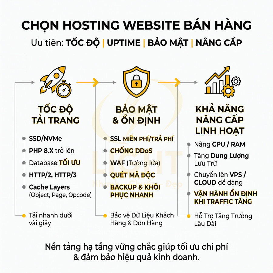 Hướng dẫn chọn hosting website bán hàng với tiêu chí tốc độ, bảo mật, uptime và khả năng nâng cấp linh hoạt