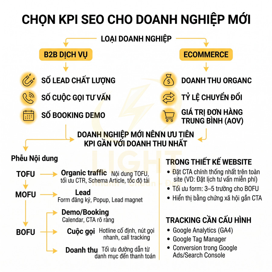 Infographic hướng dẫn chọn KPI SEO cho doanh nghiệp mới B2B dịch vụ và ecommerce, tập trung phễu nội dung và tracking GA4