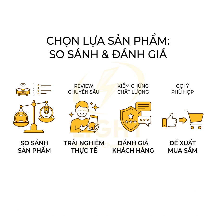 Quy trình so sánh đánh giá sản phẩm gồm trải nghiệm thực tế, kiểm chứng chất lượng và đề xuất mua sắm phù hợp