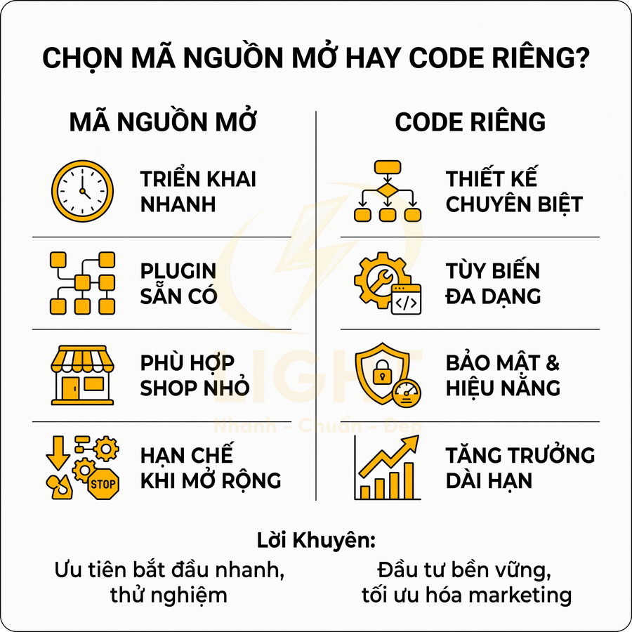 Nên chọn website bán hàng mã nguồn mở hay code riêng?