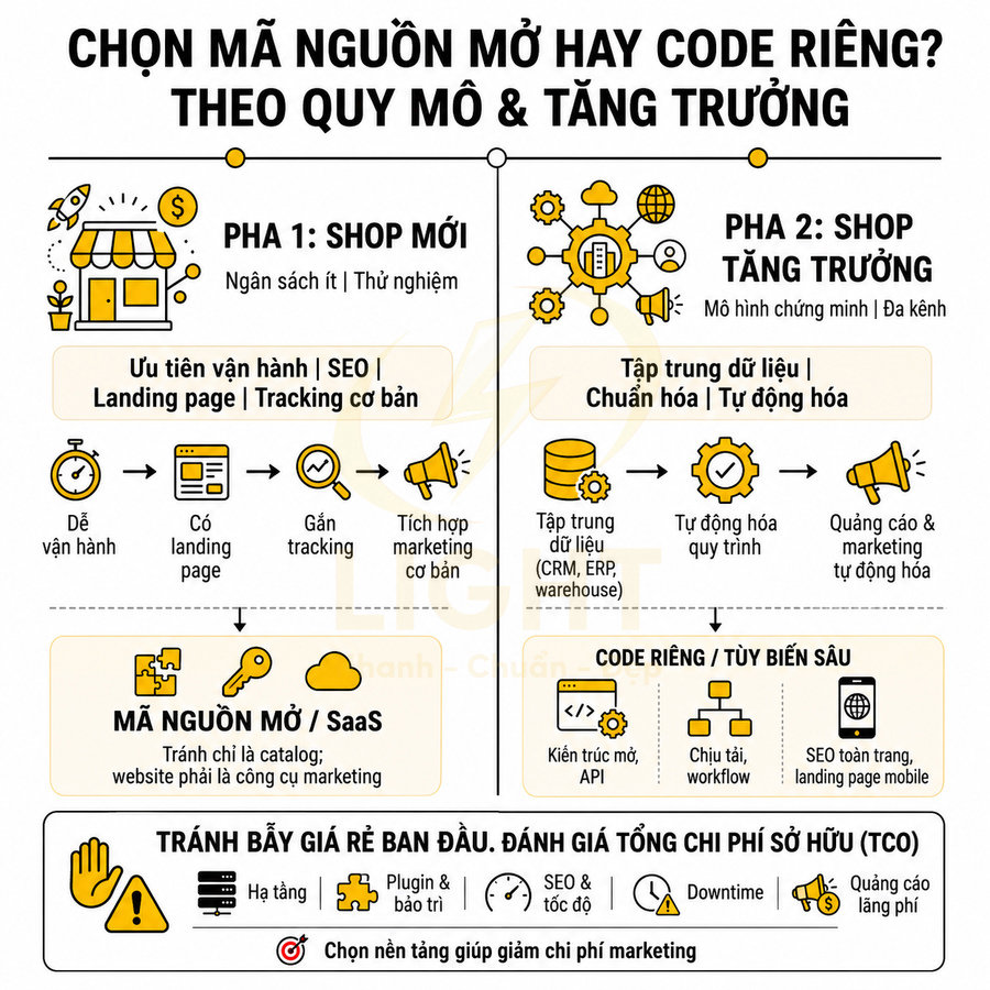 Infographic so sánh chọn mã nguồn mở hay code riêng cho shop online mới và shop đang tăng trưởng
