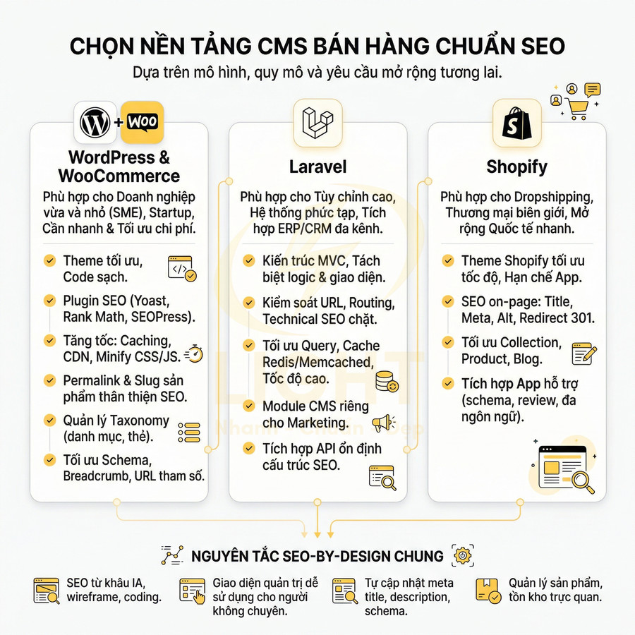 So sánh nền tảng CMS bán hàng chuẩn SEO: WordPress WooCommerce, Laravel và Shopify cùng nguyên tắc SEO-by-design