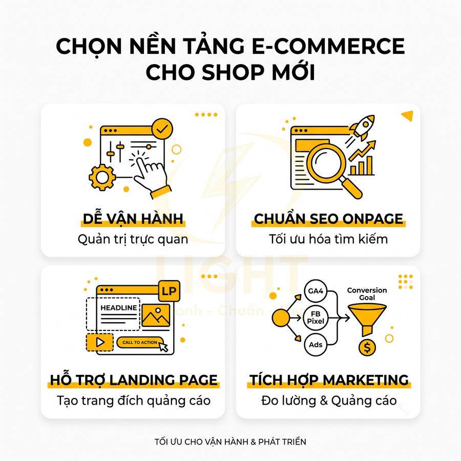 Banner giới thiệu nền tảng e commerce cho shop mới với các tính năng SEO onpage, landing page và tích hợp marketing
