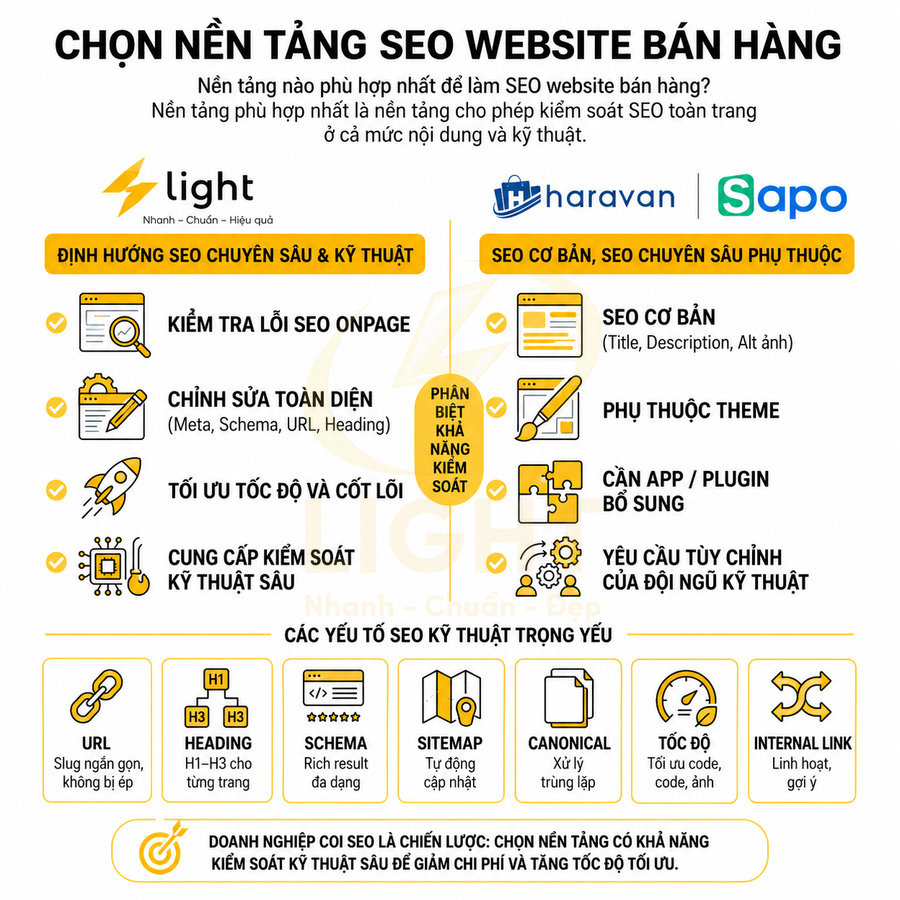 Infographic so sánh nền tảng SEO website bán hàng Light với Haravan và Sapo, nhấn mạnh khả năng kiểm soát kỹ thuật SEO