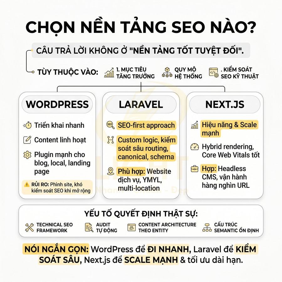 So sánh nền tảng SEO WordPress, Laravel và Next.js với ưu nhược điểm và gợi ý lựa chọn theo mục tiêu