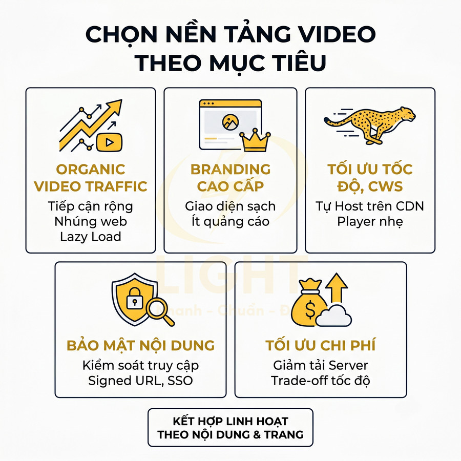 Hướng dẫn chọn nền tảng video theo mục tiêu về traffic, branding, tốc độ, bảo mật nội dung và tối ưu chi phí