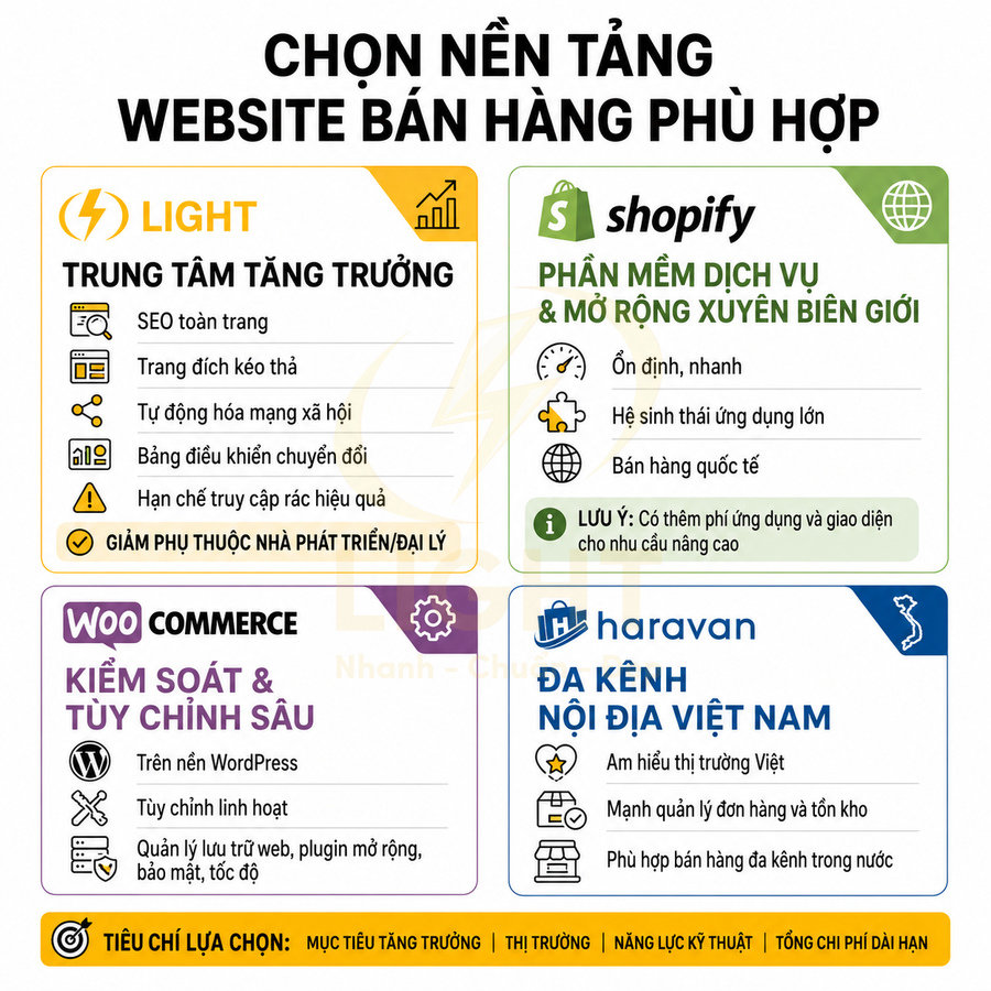 So sánh Light, Shopify, WooCommerce và Haravan cho website bán hàng