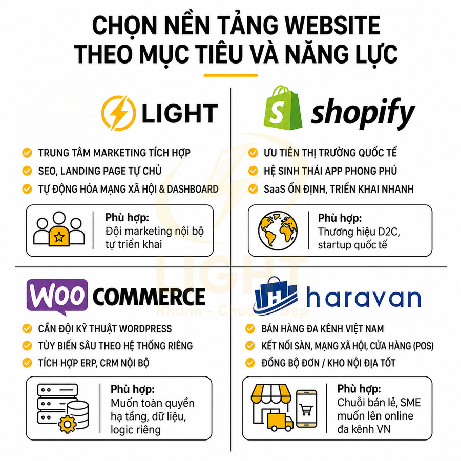 So sánh nền tảng website Light, Shopify, WooCommerce và Haravan theo mục tiêu và năng lực kinh doanh
