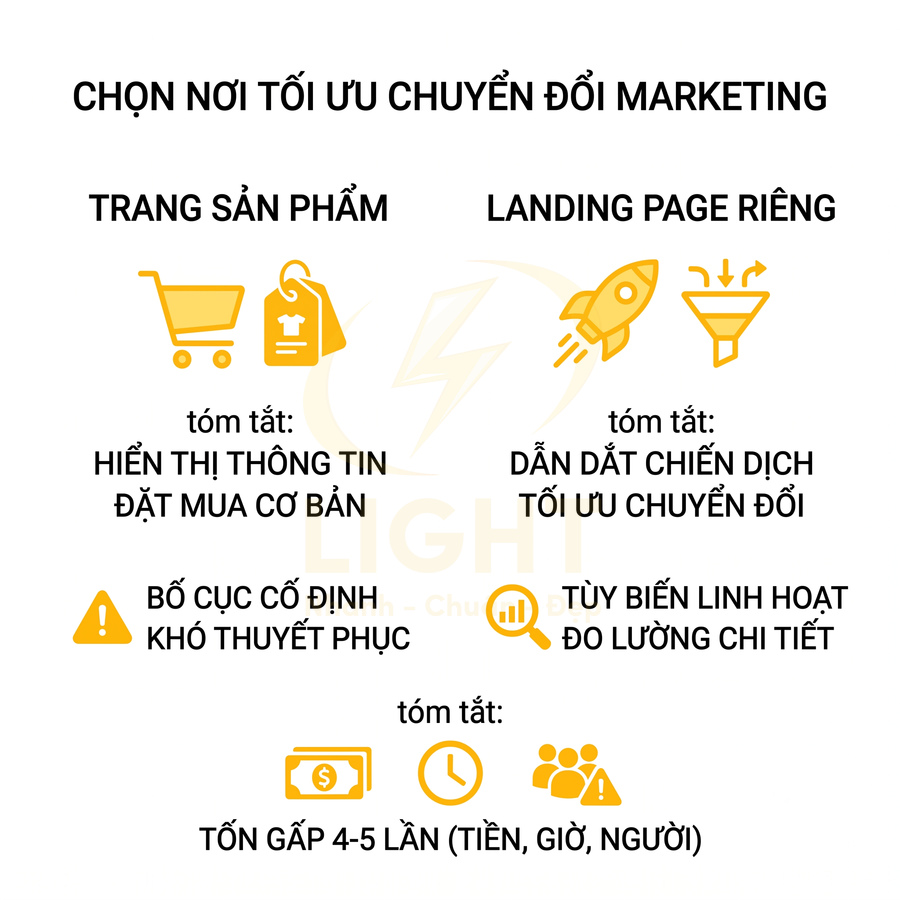 So sánh trang sản phẩm và landing page riêng trong tối ưu chuyển đổi marketing với icon minh họa