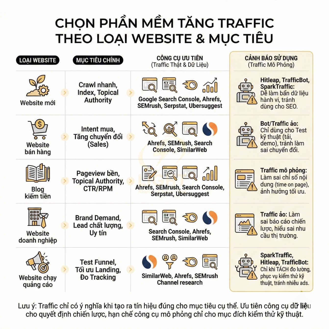 Chọn phần mềm tăng traffic theo loại website và mục tiêu, liệt kê công cụ SEO như Ahrefs SEMrush SimilarWeb