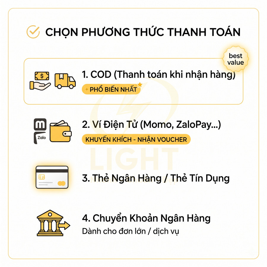 Các phương thức thanh toán: COD, ví điện tử Momo ZaloPay, thẻ ngân hàng, chuyển khoản ngân hàng