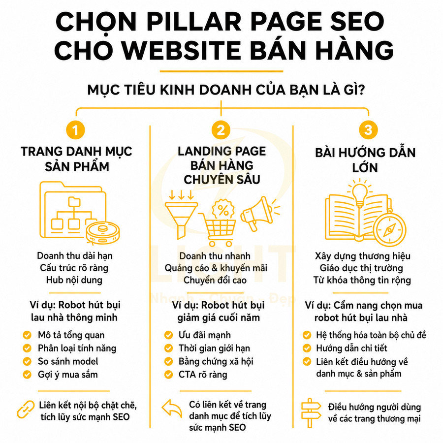 Hướng dẫn chọn pillar page SEO cho website bán hàng với ba loại trang và mục tiêu kinh doanh khác nhau
