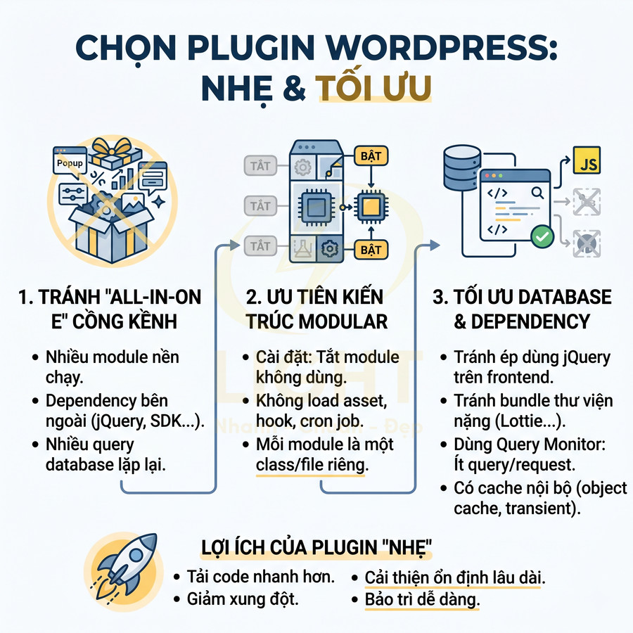 Hướng dẫn chọn plugin WordPress nhẹ và tối ưu với kiến trúc modular, tối ưu database và hạn chế all in one