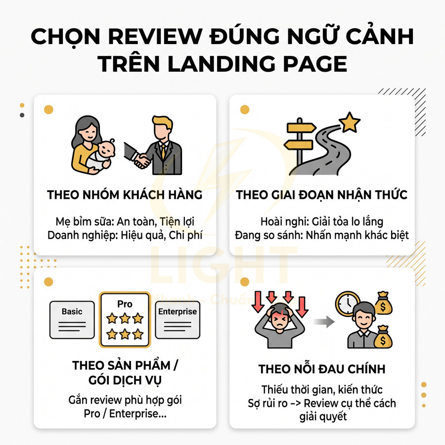 Hướng dẫn chọn review đúng ngữ cảnh trên landing page theo nhóm khách hàng, giai đoạn nhận thức, gói dịch vụ và nỗi đau chính