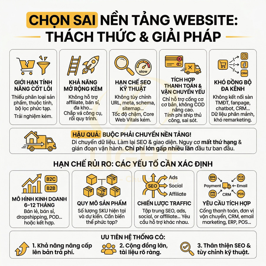 Infographic chọn sai nền tảng website, liệt kê thách thức, hậu quả và giải pháp tối ưu hệ thống cho kinh doanh online