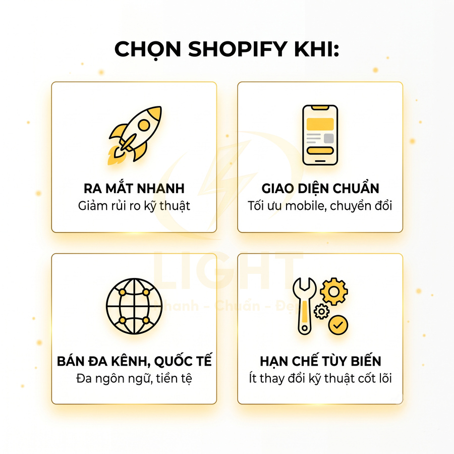 Lý do nên chọn Shopify với ưu điểm ra mắt nhanh, giao diện chuẩn, bán đa kênh quốc tế, hạn chế tùy biến kỹ thuật