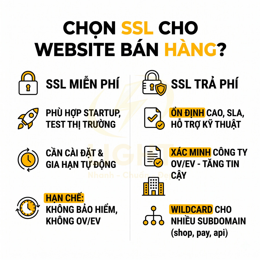 So sánh SSL miễn phí và SSL trả phí cho website bán hàng, nêu ưu nhược điểm và tính năng nổi bật