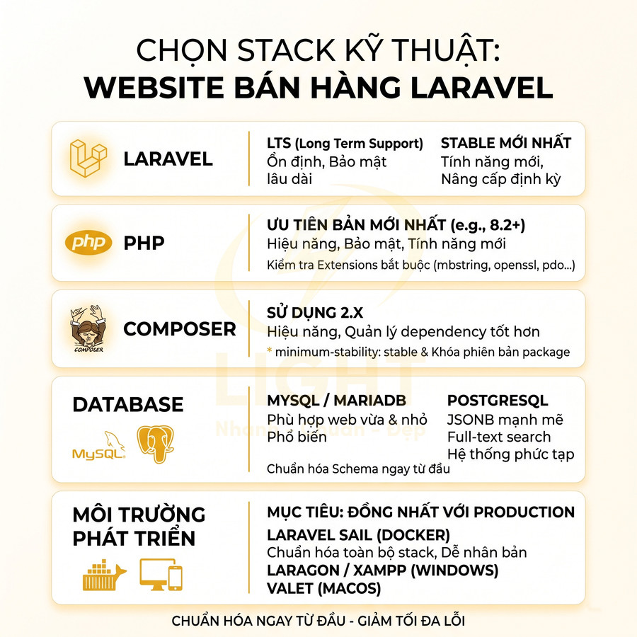 Infographic chọn stack kỹ thuật xây dựng website bán hàng Laravel với PHP, Composer, MySQL MariaDB PostgreSQL và môi trường phát triển