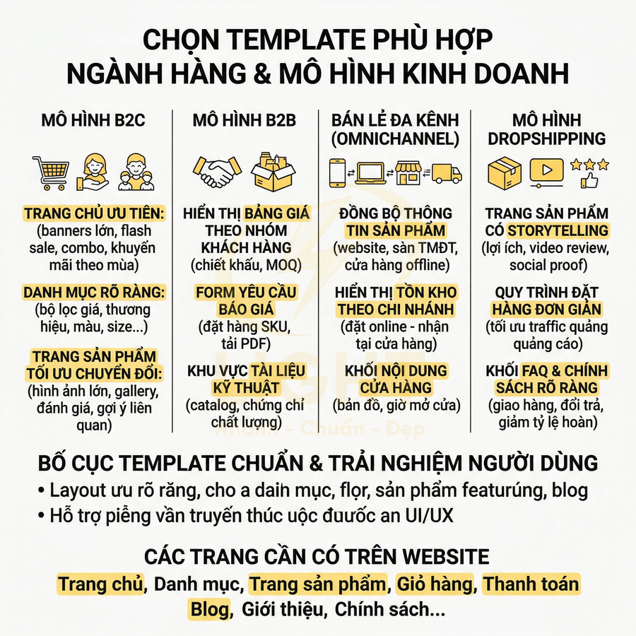 Hướng dẫn chọn template website theo mô hình kinh doanh B2C, B2B, omnichannel và dropshipping