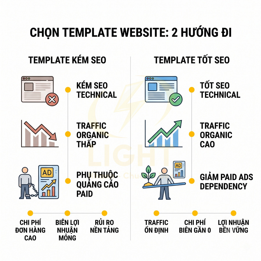 So sánh template website kém SEO và tốt SEO về traffic, chi phí quảng cáo và lợi nhuận cho doanh nghiệp