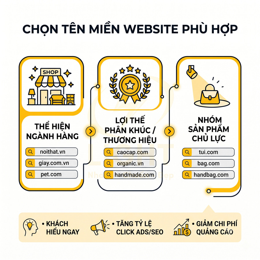 Infographic hướng dẫn chọn tên miền website theo ngành hàng, phân khúc thương hiệu và nhóm sản phẩm chủ lực