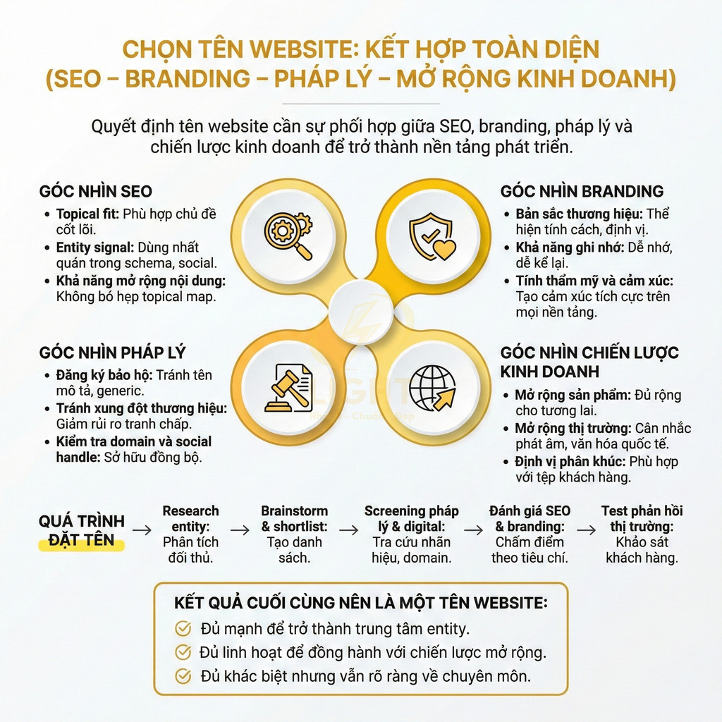 Infographic hướng dẫn cách chọn tên website kết hợp SEO, branding, pháp lý và chiến lược kinh doanh