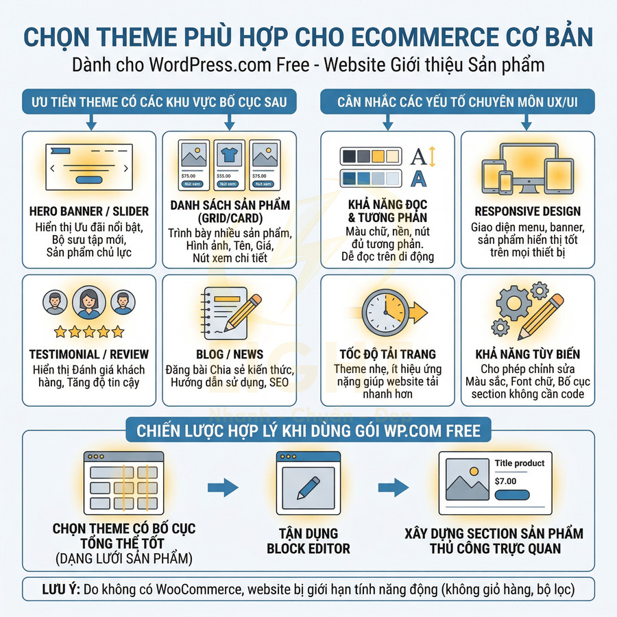 Hướng dẫn chọn theme WordPress.com Free cho website giới thiệu sản phẩm ecommerce cơ bản