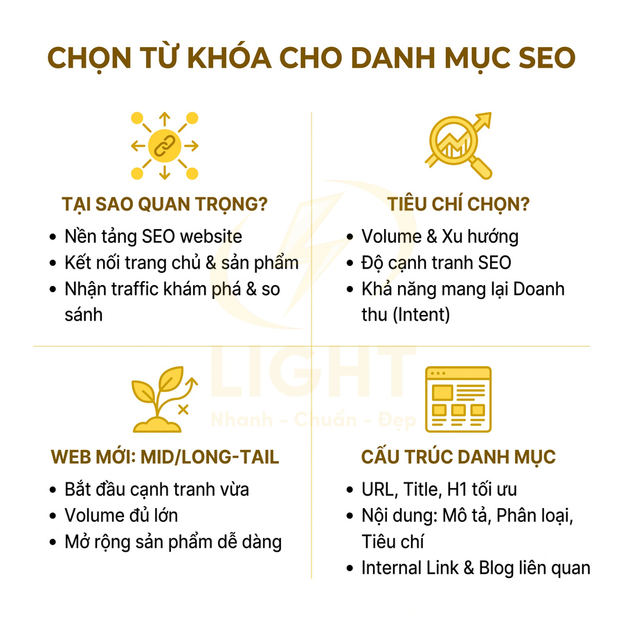 Infographic hướng dẫn chọn từ khóa cho danh mục SEO với tiêu chí, lợi ích và gợi ý cấu trúc nội dung