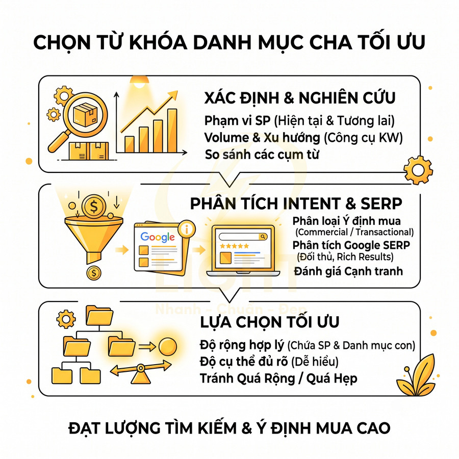 Infographic quy trình chọn từ khóa danh mục cha tối ưu trong SEO với các bước nghiên cứu, phân tích intent và lựa chọn từ khóa