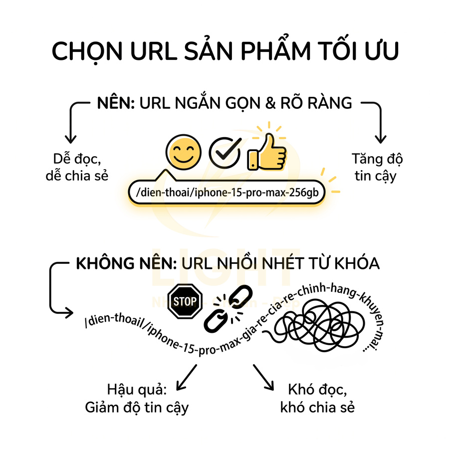 Hướng dẫn chọn URL sản phẩm iPhone 15 Pro Max ngắn gọn rõ ràng, tránh nhồi nhét từ khóa để tăng độ tin cậy
