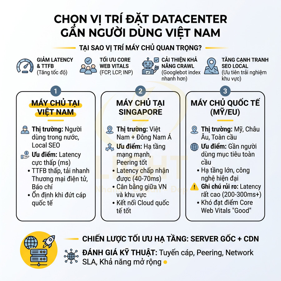 Infographic so sánh vị trí đặt datacenter Việt Nam, Singapore, quốc tế và chiến lược tối ưu hạ tầng server CDN