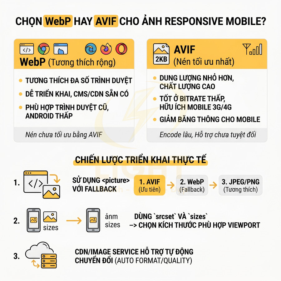 So sánh định dạng ảnh WebP và AVIF và chiến lược triển khai cho ảnh responsive mobile