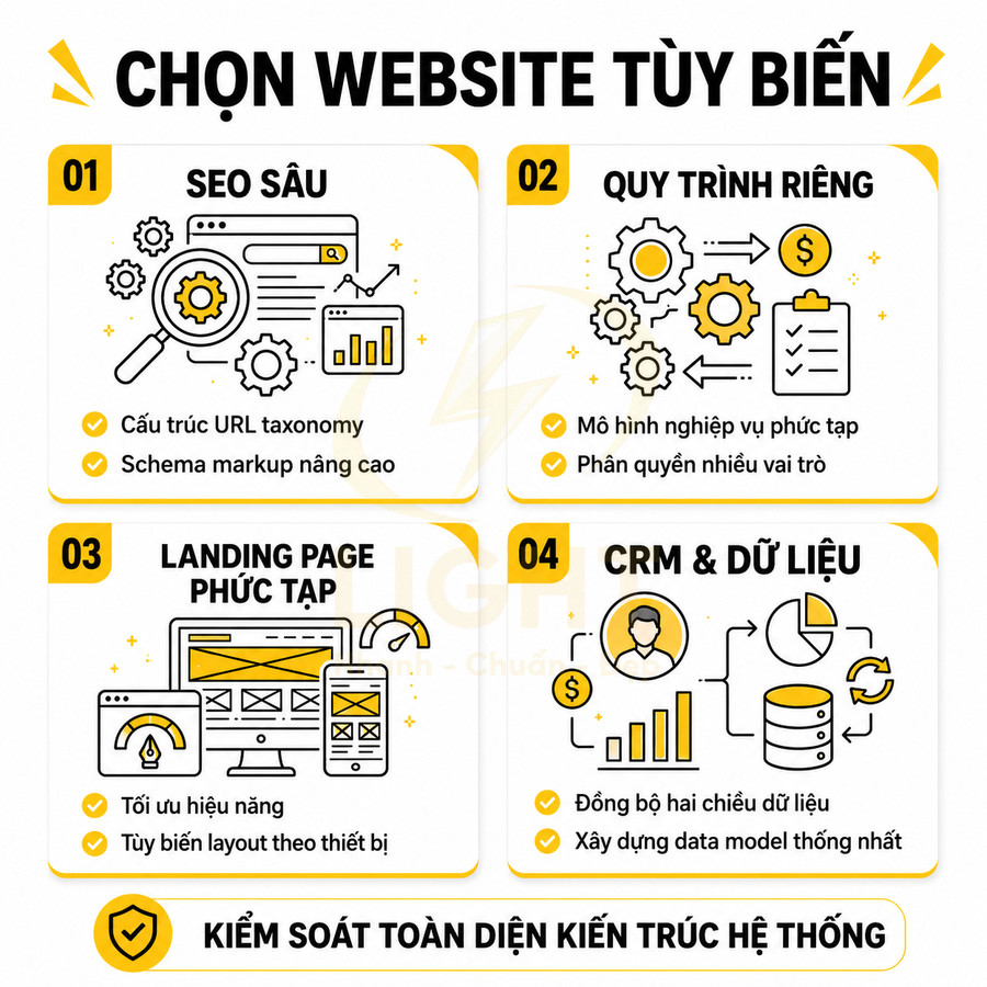 Infographic giới thiệu lợi ích website tùy biến với SEO sâu, quy trình riêng, landing page phức tạp và quản lý CRM dữ liệu