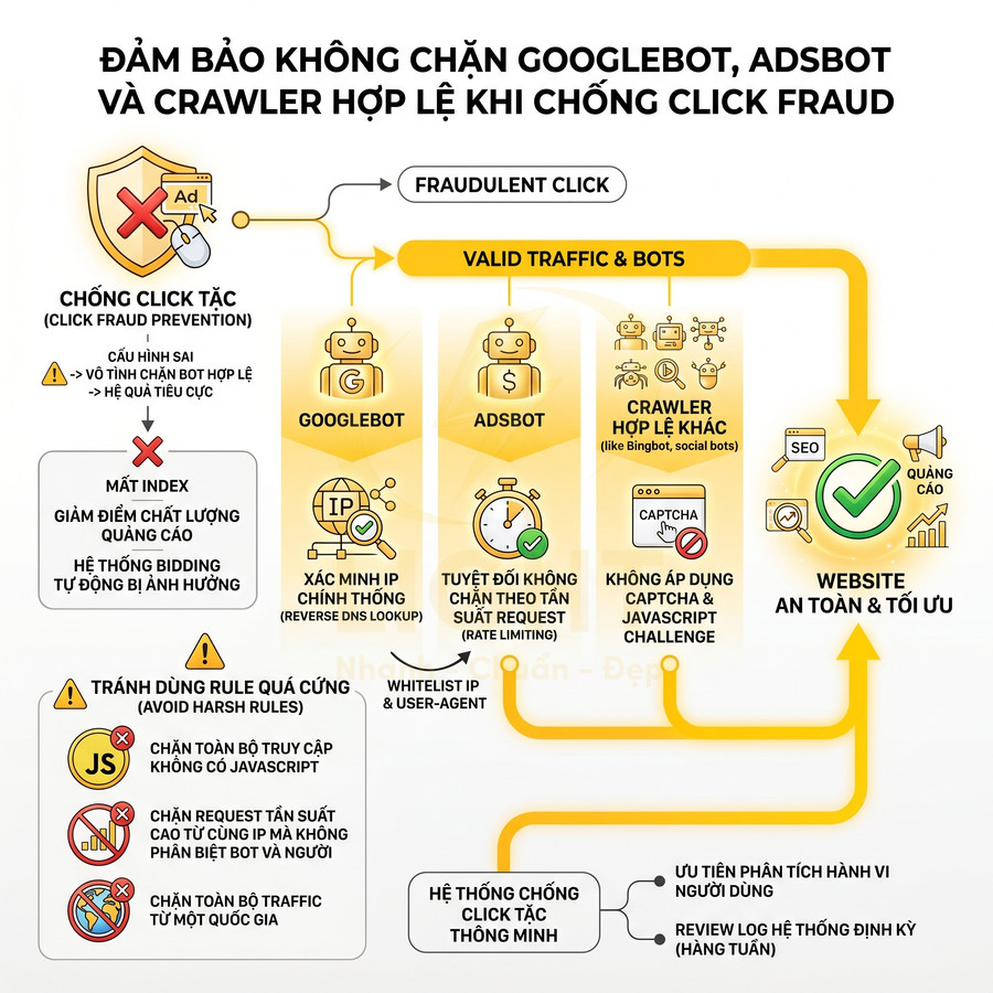 Sơ đồ chống click tặc đảm bảo không chặn Googlebot Adsbot crawler hợp lệ giúp website an toàn và tối ưu quảng cáo