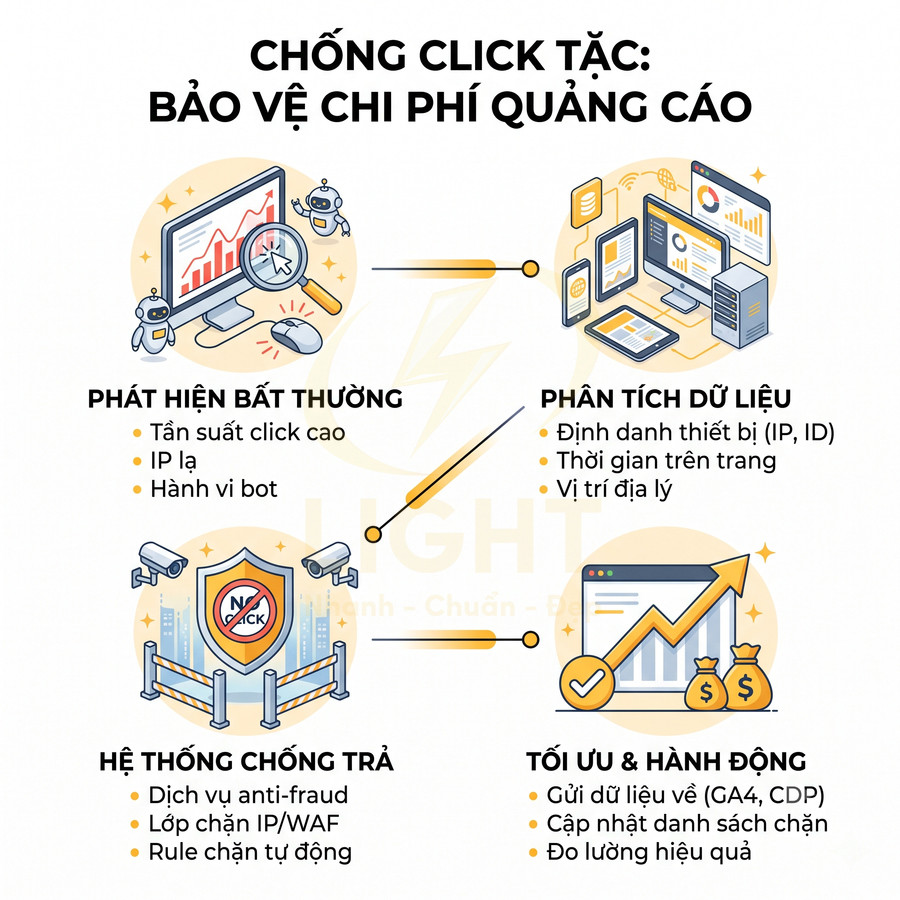 Giải pháp chống click tặc bảo vệ chi phí quảng cáo với phát hiện bất thường, phân tích dữ liệu và hệ thống chống trả