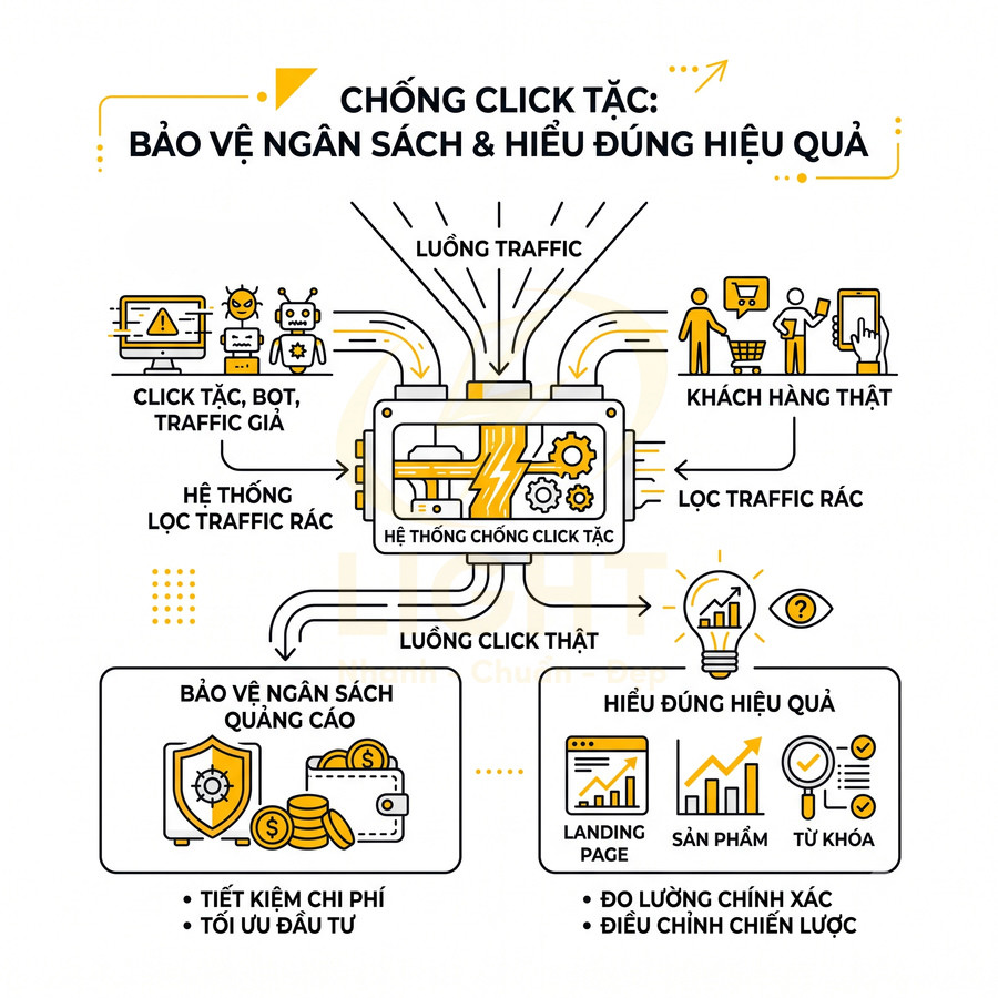 Mô tả hệ thống chống click tặc lọc traffic rác, bảo vệ ngân sách quảng cáo và đo lường hiệu quả chiến dịch
