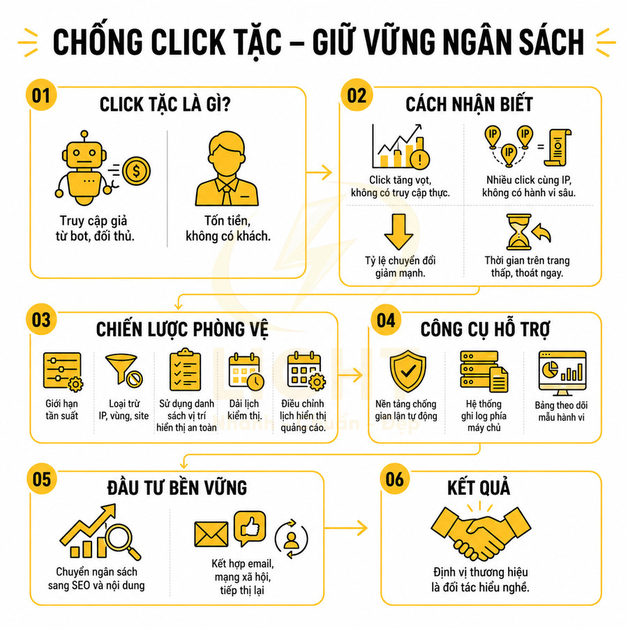 Infographic chống click tặc trong quảng cáo online với các bước nhận biết, chiến lược phòng vệ và công cụ hỗ trợ giữ ngân sách