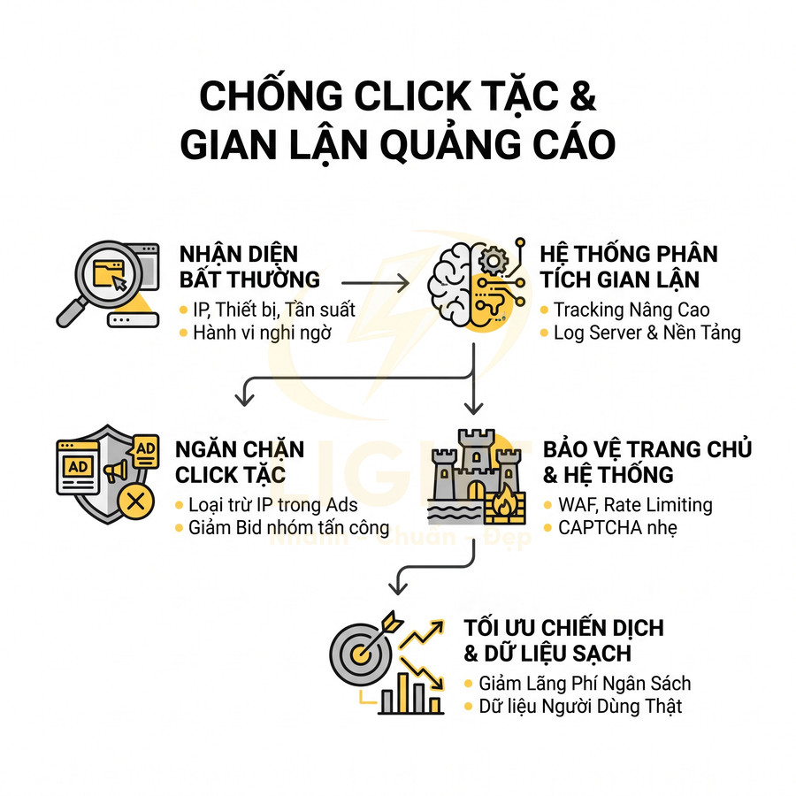 Giải pháp chống click tặc và gian lận quảng cáo với các bước nhận diện, ngăn chặn, bảo vệ hệ thống và tối ưu chiến dịch