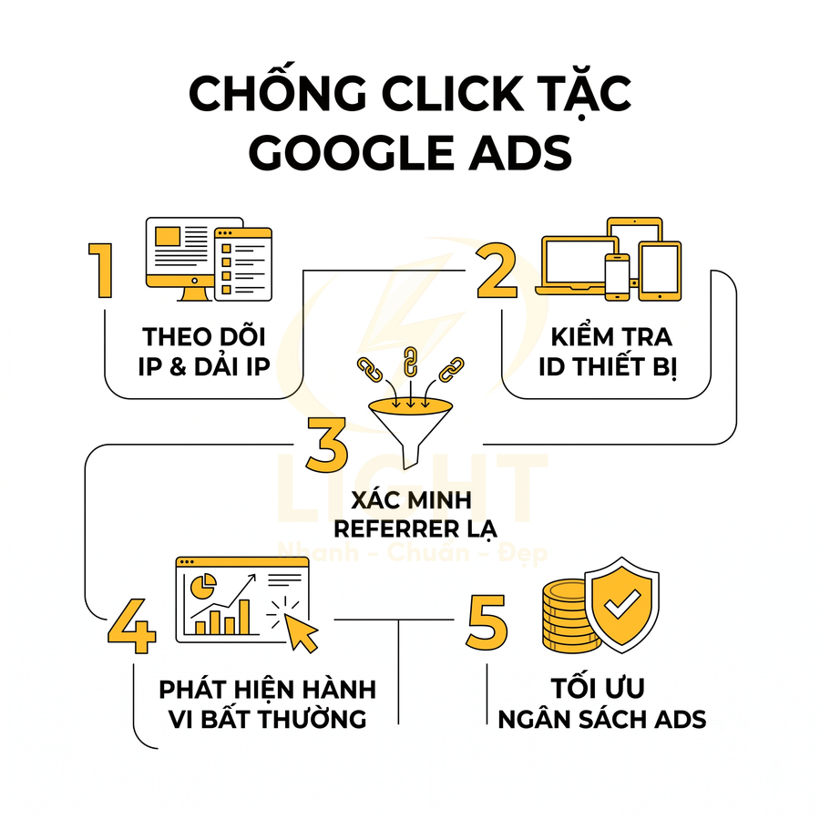Quy trình chống click tặc Google Ads với 5 bước theo dõi IP, kiểm tra thiết bị, xác minh referrer và tối ưu ngân sách quảng cáo