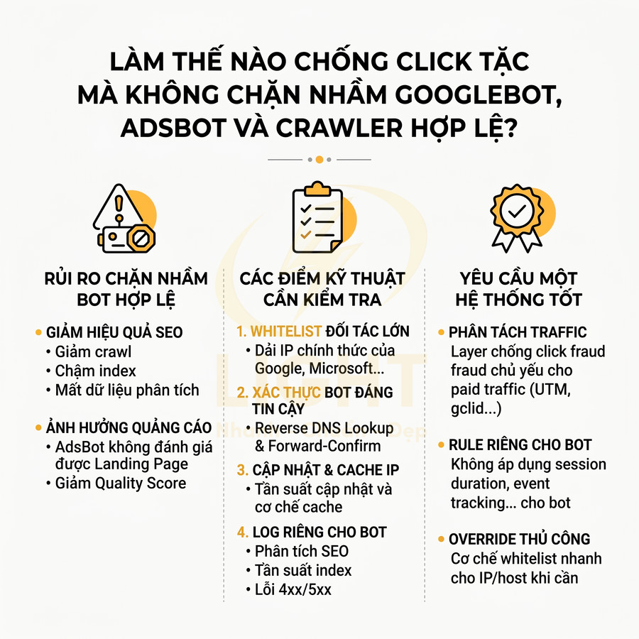 Hướng dẫn chống click tặc mà không chặn nhầm Googlebot AdsBot và crawler hợp lệ cho chiến dịch quảng cáo SEO